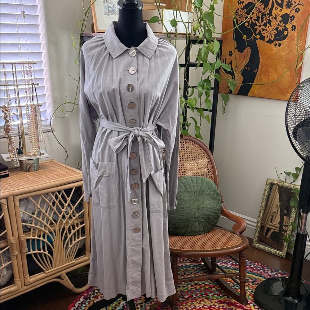 Free People Meet Me In Montauk Sky Gray Linen Boho Button Up Duster Trench Coat